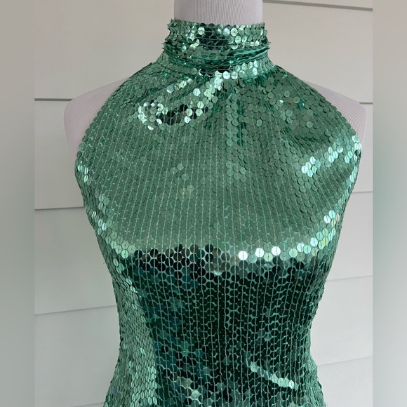 Green sequin dress with button neck -small - Picture 3 of 4